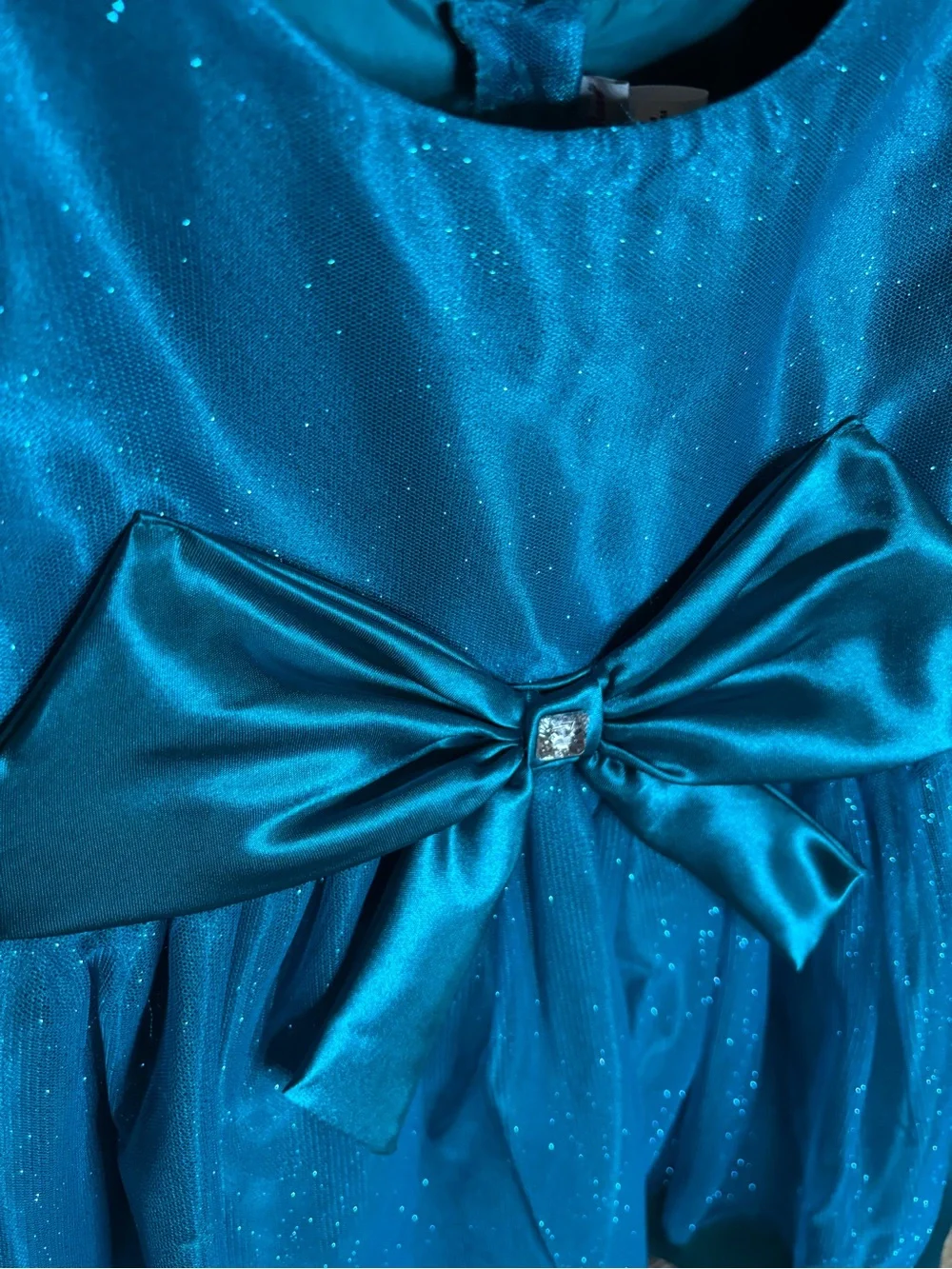 Sweet Heart Rose Teal Sparkle Satin Bow Dress
